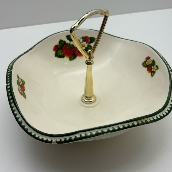 Vintage McCoy Strawberries ceramic hors d'oeuvres serving bowl, gold tone handle - Picture 1 of 9